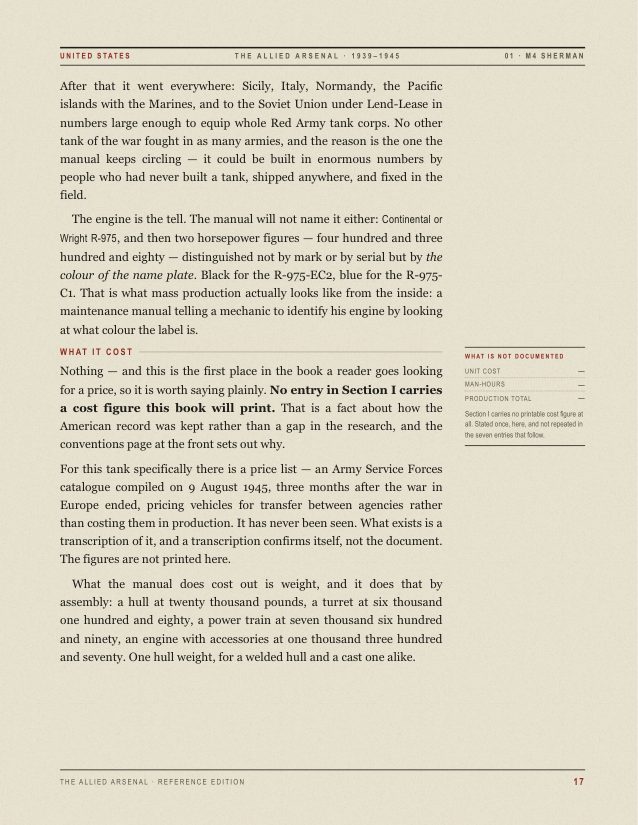 Folio 17, the Sherman's 'What it cost' section. The text explains that no entry in Section I carries a cost figure this book will print, and why the surviving American price lists fail on inspection. The outer register carries a box headed 'What is not documented' with three ruled rows — UNIT COST, MAN-HOURS, PRODUCTION TOTAL — each answered with an em-dash.